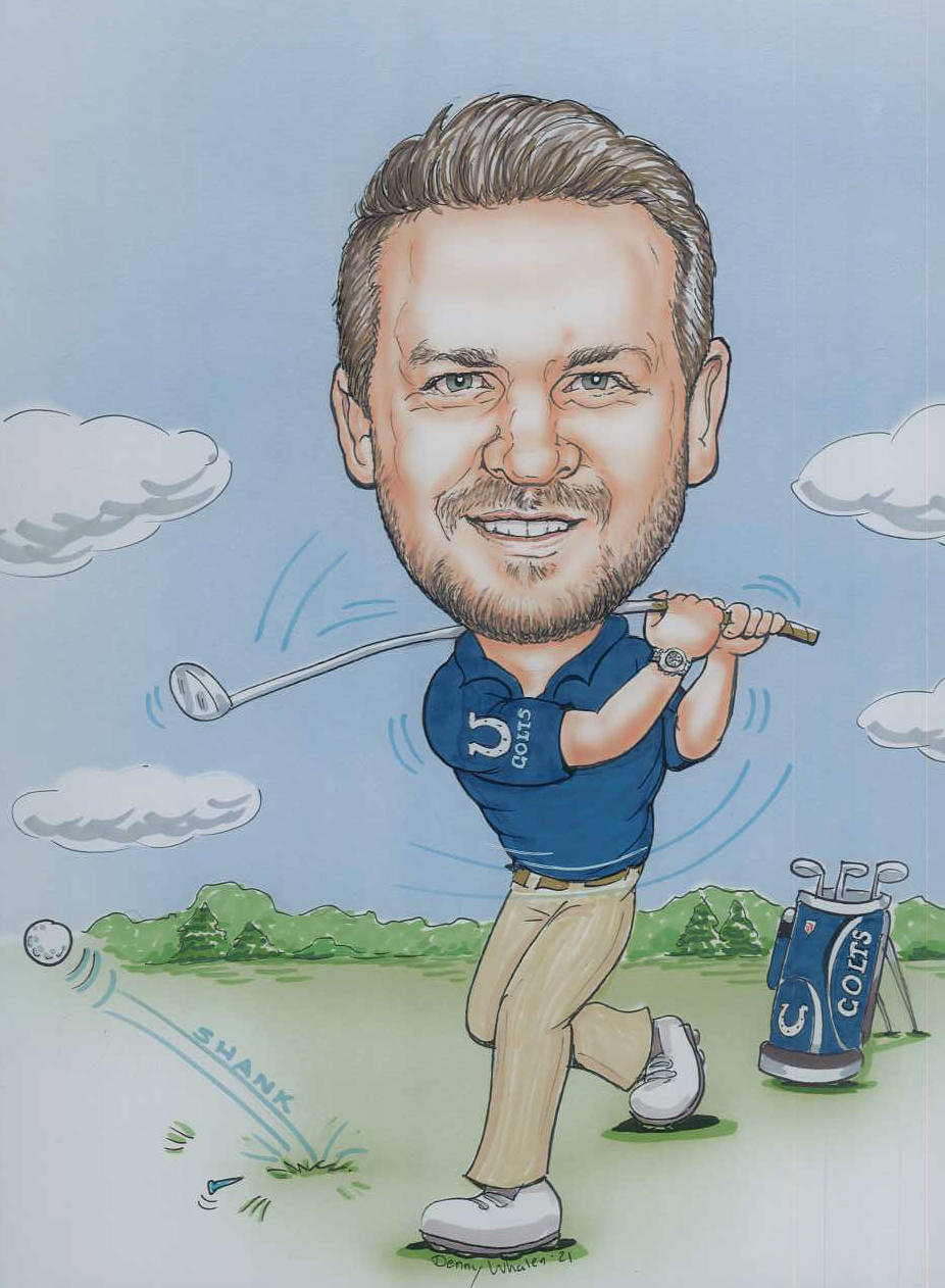 Caricature of Chris Dickerson golfing while wearing a Colts polo, he just finished his swing and the ball is in air.