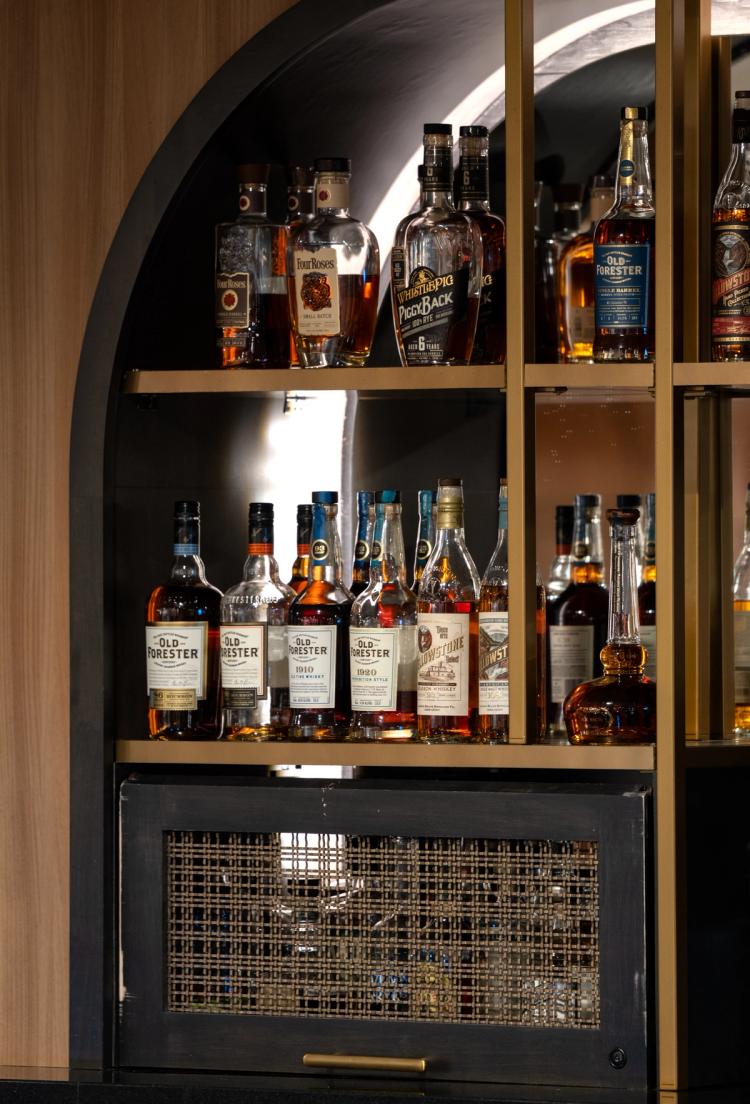 Whiskey display with Kentucky bourbon brands