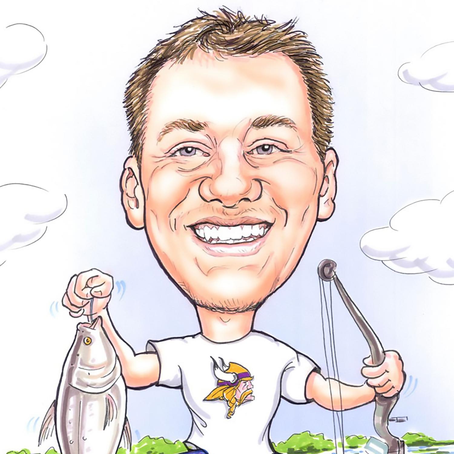 Caricature of Lucas Meiners standing with a fish in hand caught on a hook and a bow and arrow in the other hand, wearing a vikings t-shirt.