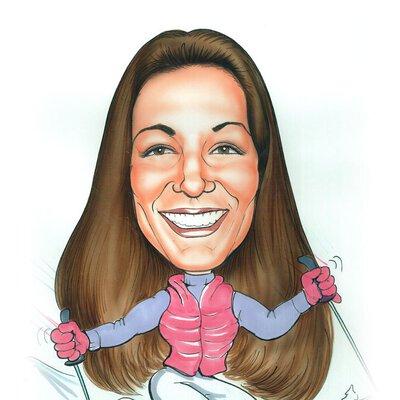 Caricature of Christine Rey with a bright smile and skiing down a mountain in pink and purple snow gear.