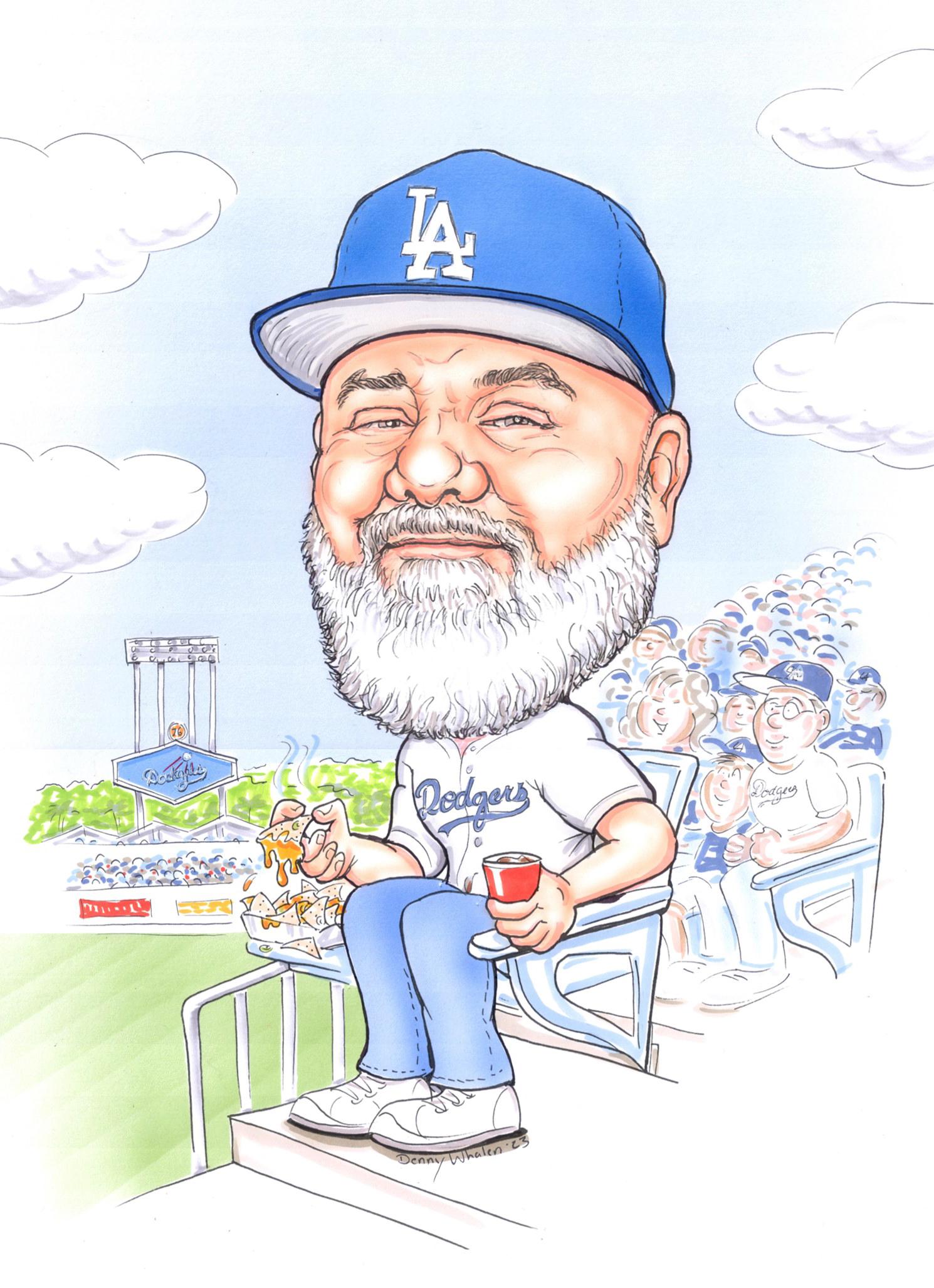 Caricature of Ed Cazares at a Dodgers baseball game, sitting in the stand with nachos and a beverage in hand.