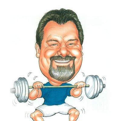 Caricature of Craig Abraham lifting a heavy barbell.