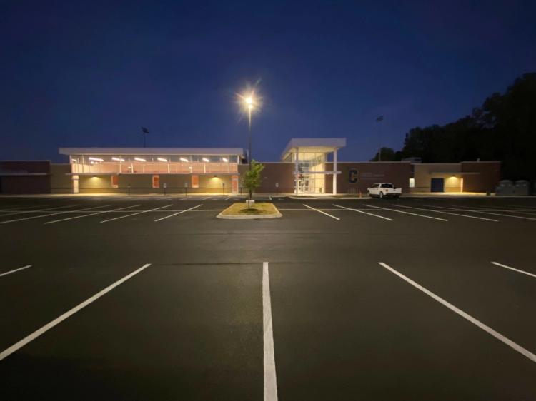 Exterior of Louisville Collegiate Fieldhouse at night in Louisville, KY.