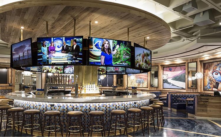 Bar and booth seating at the Waterside District.