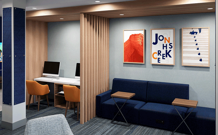 Lounge area inside the Holiday Inn Express in Chino Hills, CA.