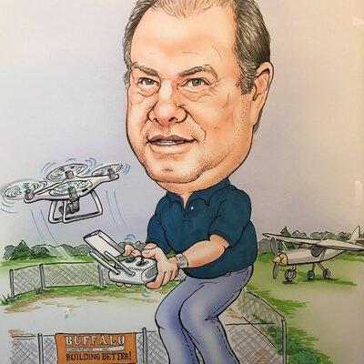 Caricature of Krusty Gamez flying a drone over a construction site, with his plane parked behind him.