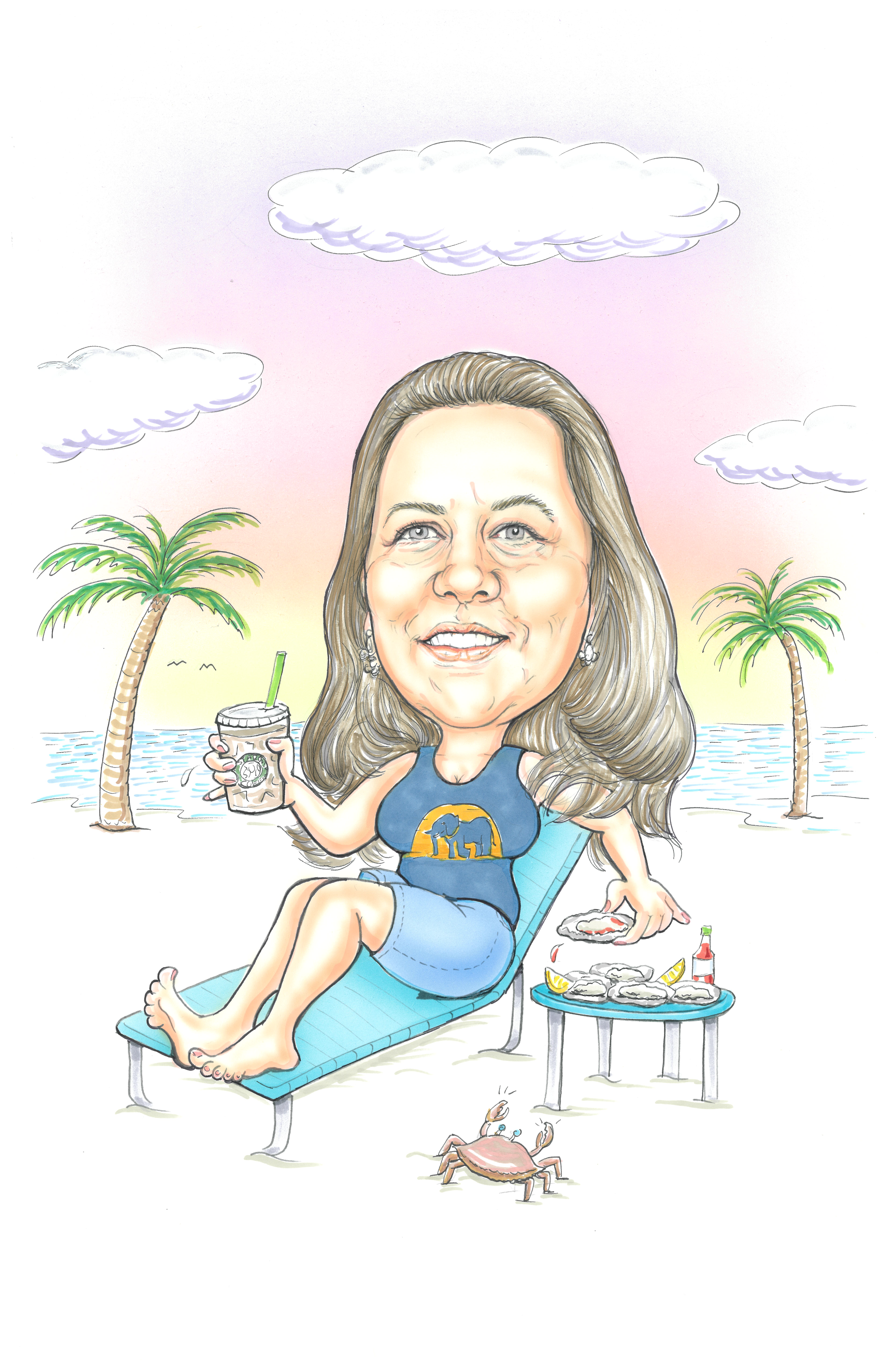 Caricature of Shiloh Trahan enjoying a drink in one hand and oysters in the other, on a lounge chair on the beach. 