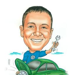 Caricature of Brett Norton working on a bright green Volkswagen Beetle.