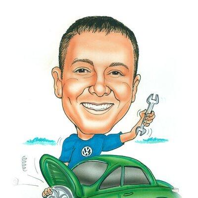 Caricature of Brett Norton working on a bright green Volkswagen Beetle.