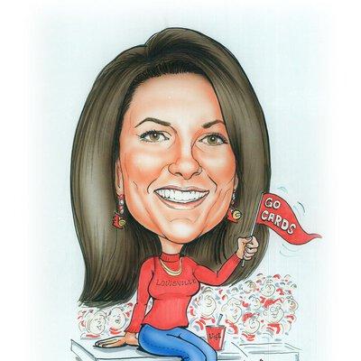 Caricature of Jamie Gregor cheering on the U of L cardinals at a game, waving a Go Cards flag.