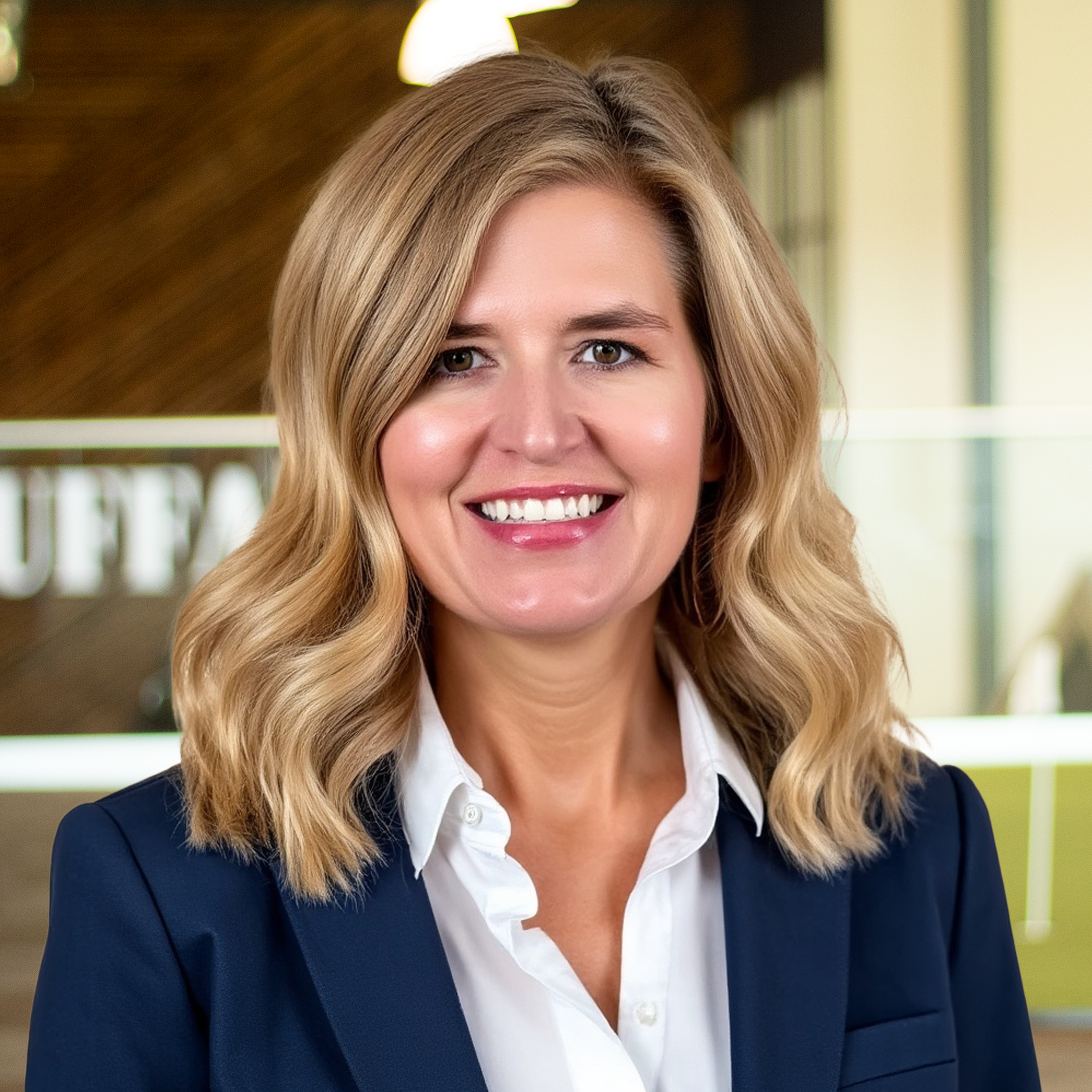 Andrea Pachner smiling and standing in buffalo's office space.