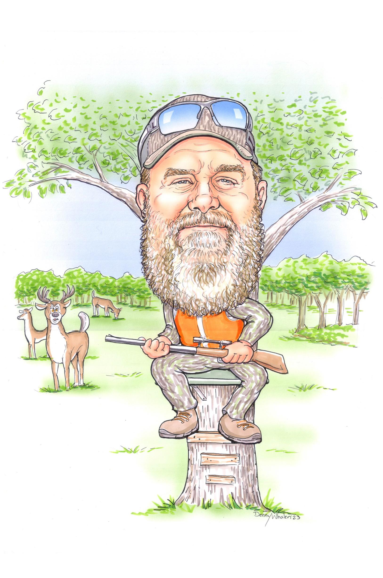 Greg Riggs in hunting gear, sitting on a stump and surrounded by wildlife.
