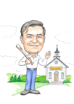 Preston Pearl holding a baseball bat while standing near a small church outdoors.