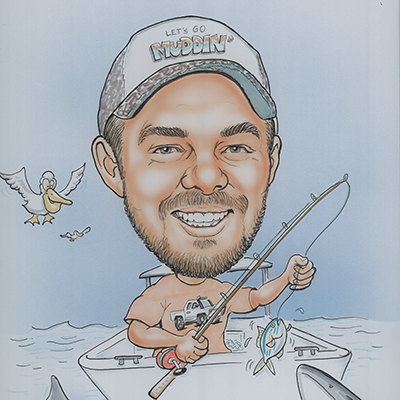 Caricature of Chad Bruner catching a fish while deep sea fishing and wearing a hat that says let's go Muddin'.