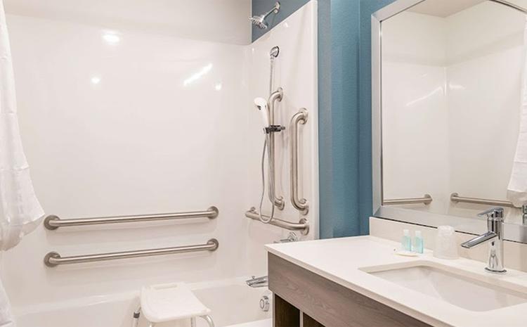 Guest bathroom in the WoodSpring Suites hotel in Missoula, MT.