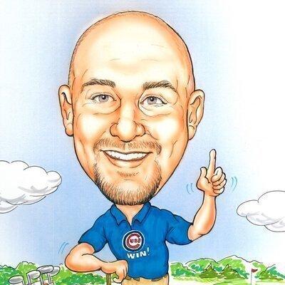 Caricature of Jason Aberli signing number one and golfing.