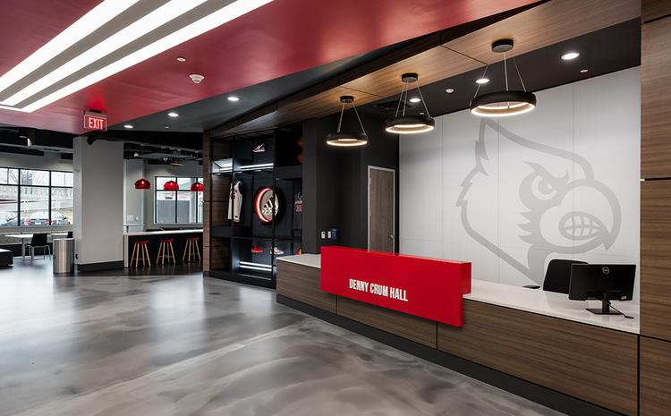 Front desk area of Denny Crum Hall.