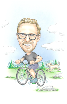 Cory Zilisch riding a bicycle on a trail with a dog running alongside.