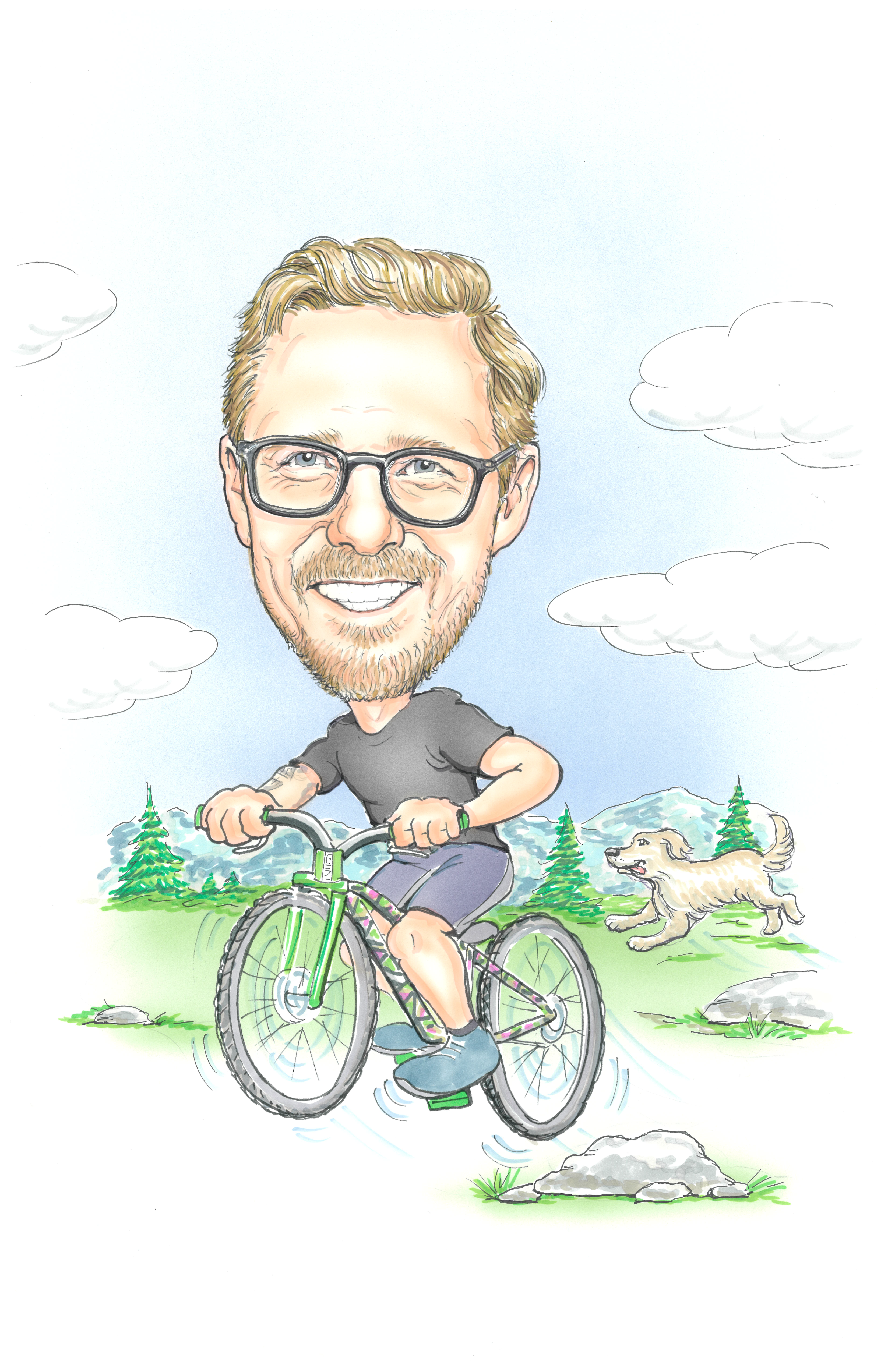 Cory Zilisch riding a bicycle on a trail with a dog running alongside.