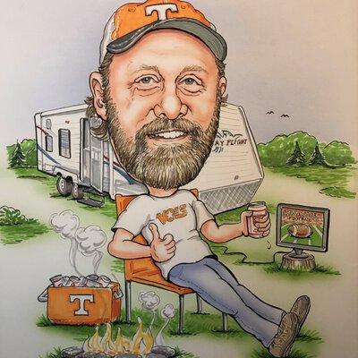Caricature of Brian Blank sitting in a chair, cheering on a Tennessee football game on a TV outside of his RV.