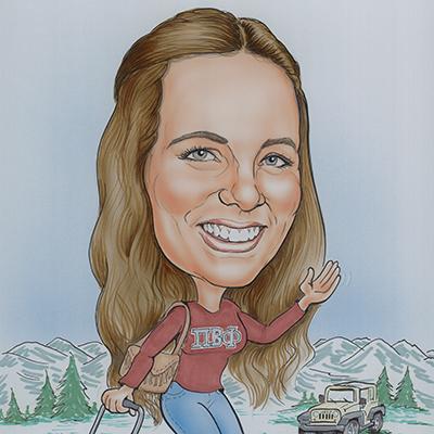 Caricature of Adi Giorcelli wearing a pi beta phi shirt, in the mountains with her jeep and her suitcase featuring stickers of the places she's traveled to.