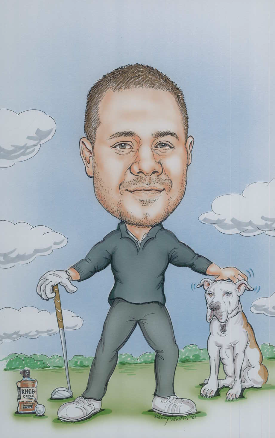 Caricature of Carter Price petting his dog and golfing with a bottle of whiskey.