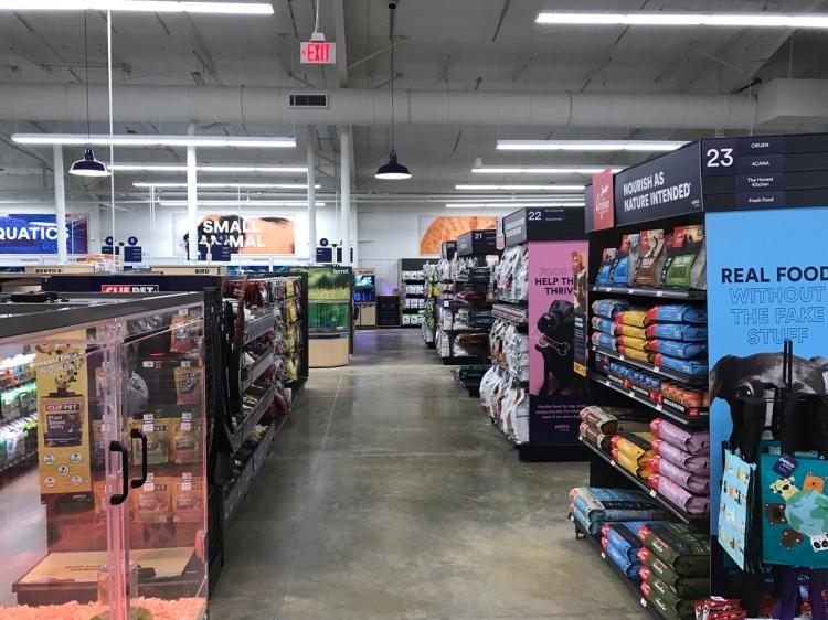 Retail shelves inside of Petco pet store in Mount Sterling, KY.