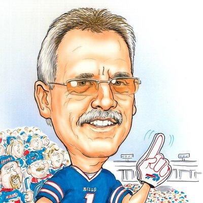 Caricature of Paul Hess with a number one foam finger and cheering on the buffalo bills in a bills jersey.