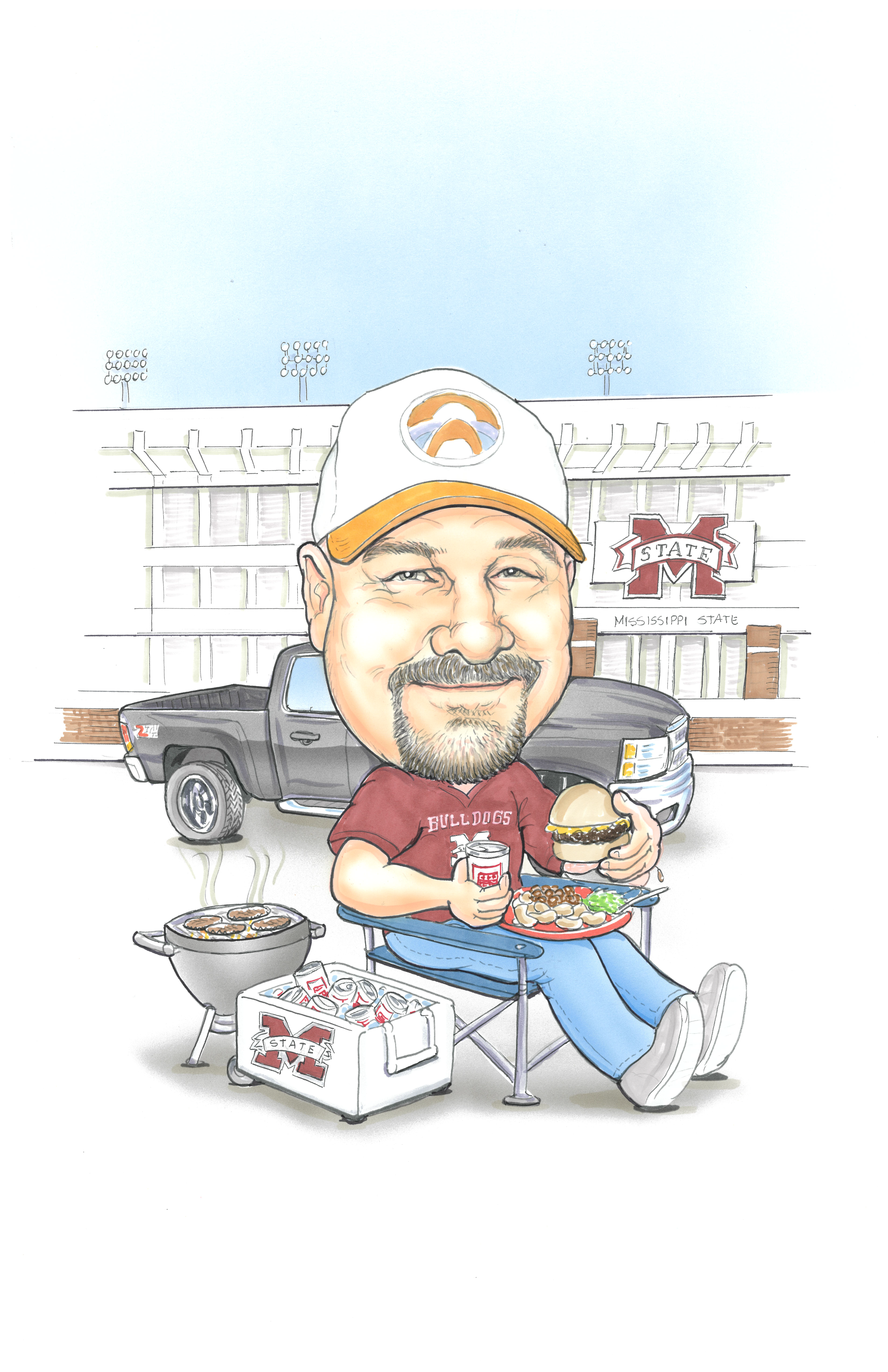 Caricature of Thomas Prisock tailgating with his truck, grill and cooler at a Mississippi University stadium game.