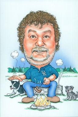 Caricature of Jim Sanders wearing a UK polo, roasting hot dogs on a campfire, sitting on a tree log with his two dogs by his side.