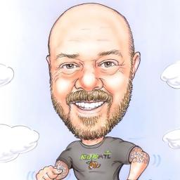 Caricature of Michael Davis running with a gray run Atlanta t-shirt.