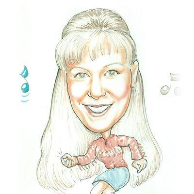 Caricature of Dawn Starcher dancing to some music.