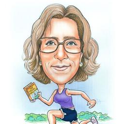 Caricature of Rachel Steele running with a book called world's top travel destinations.