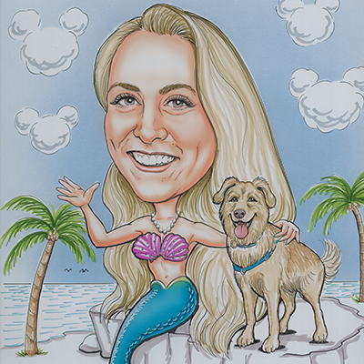 Caricature of Maddie Sturgeon as a mermaid on the beach with her dog and clouds shaped like Mickey Mouse in the distance.