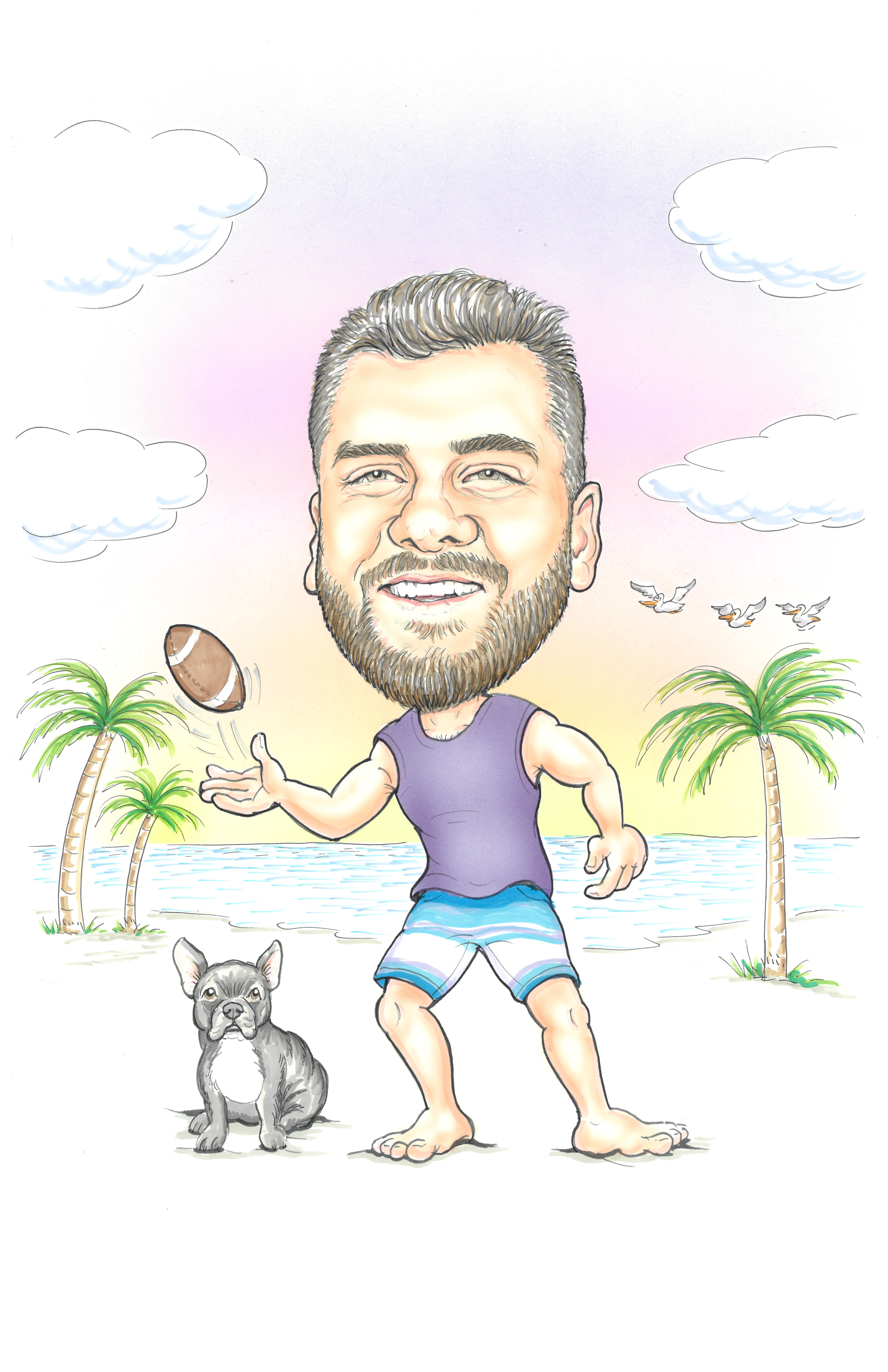 Caricature of Austin tossing a football on the beach with his dog. 