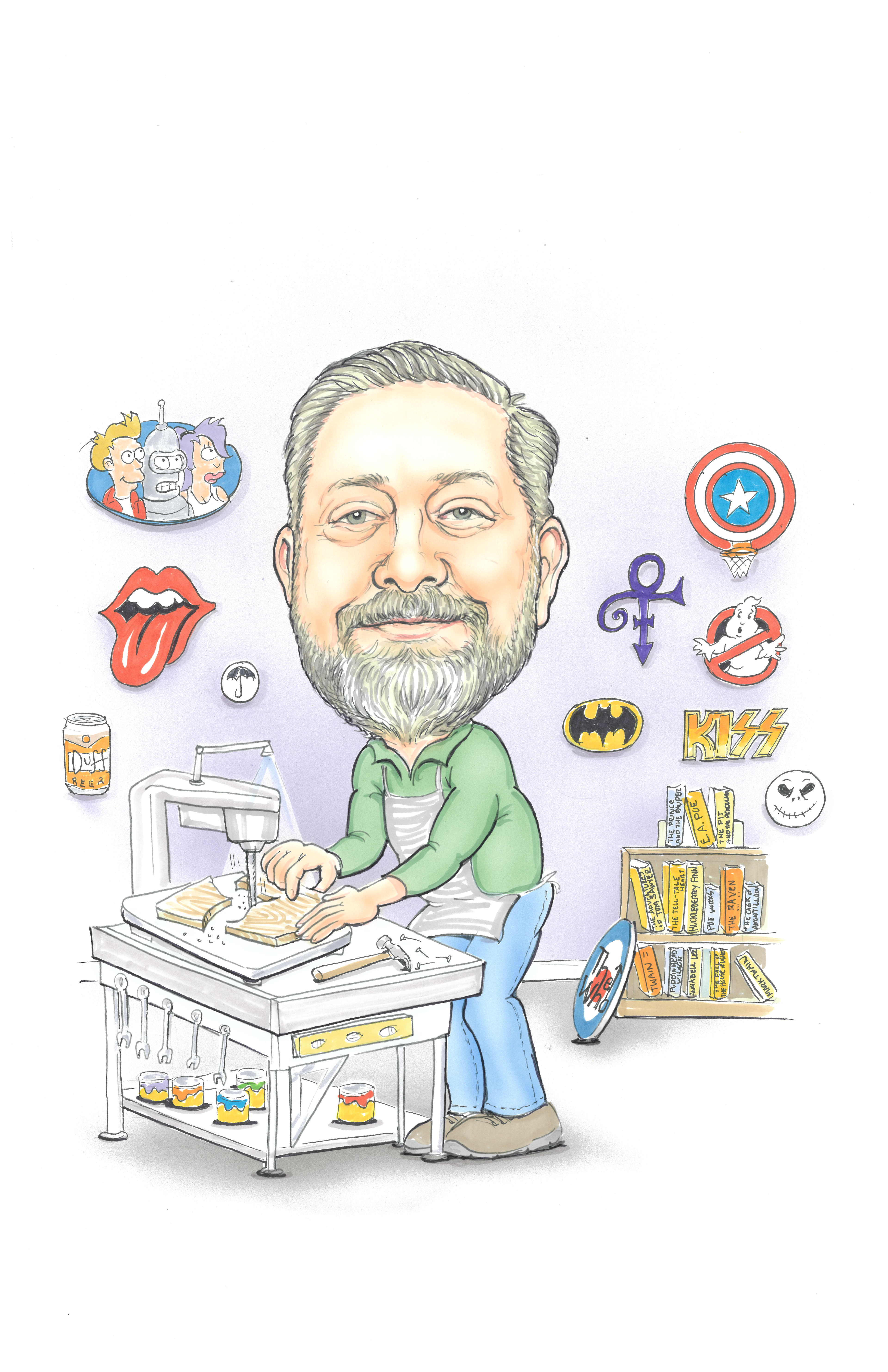 Caricature of Joseph Hensel woodworking in a room with a wall decorated with symbols like The Rolling Stones, prince, ghostbusters and batman.