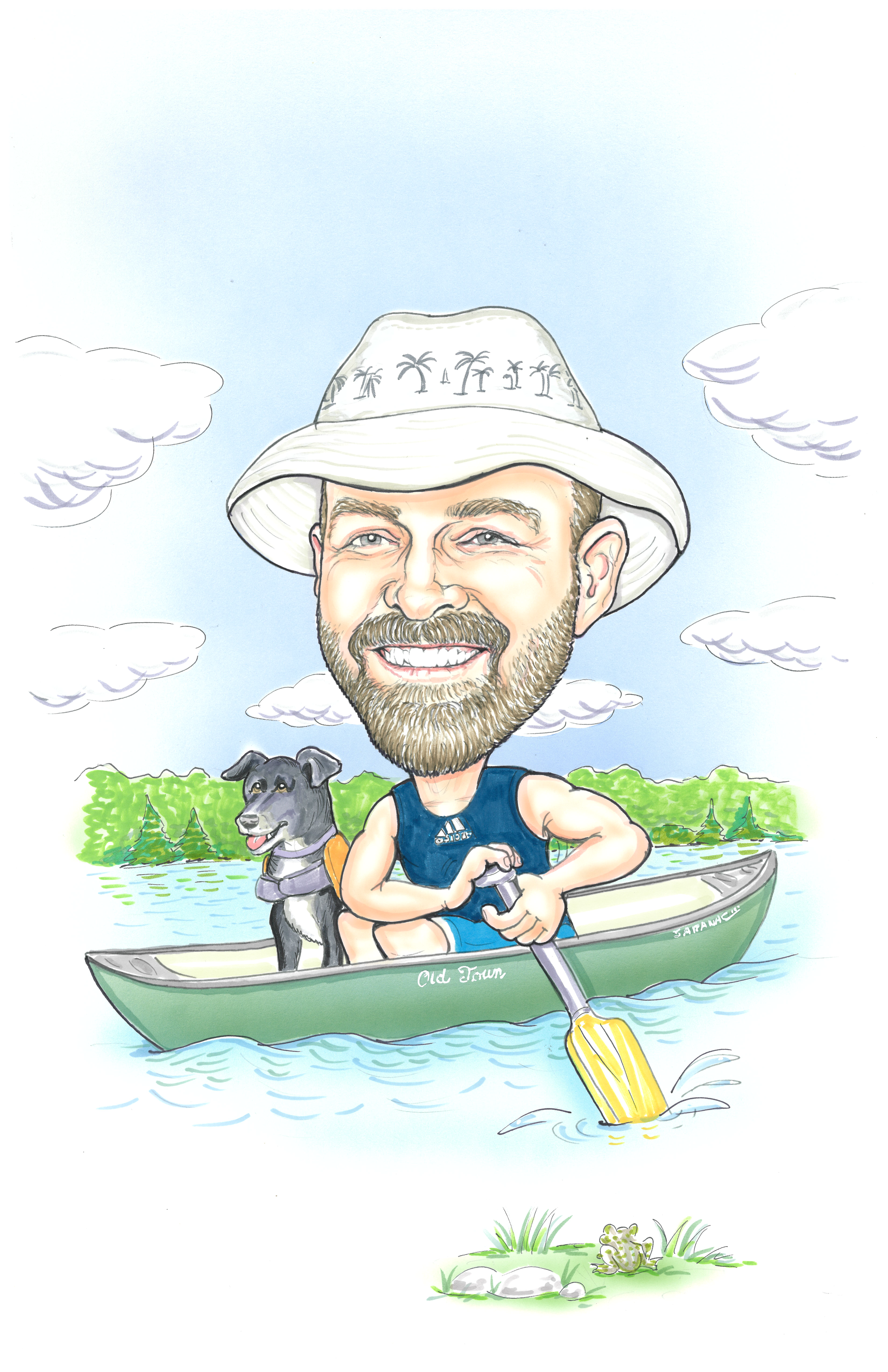 Caricature of Patrick Everson canoeing with his dog along a river.