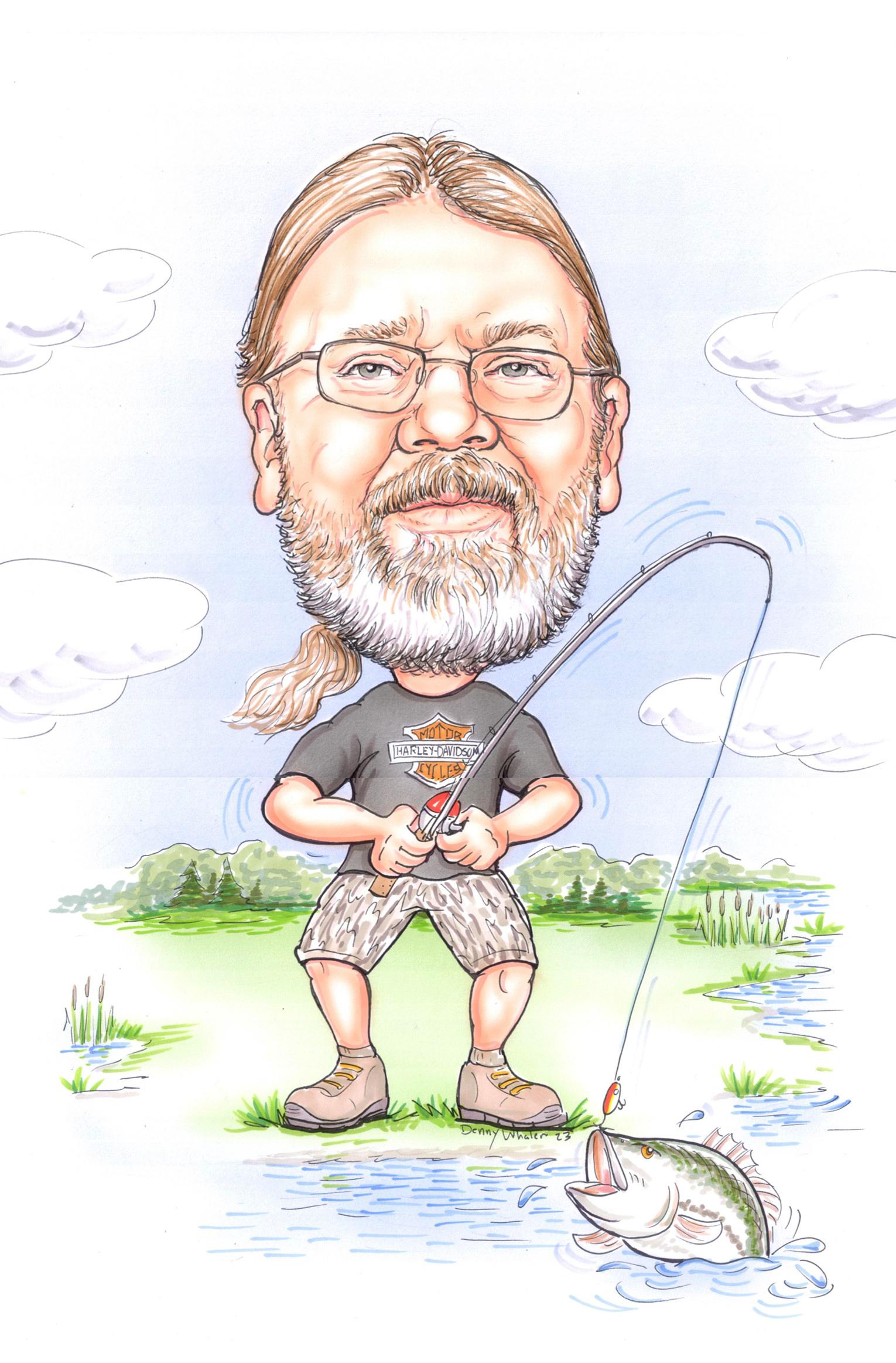 Caricature of Bryan Pegg in a Harley Davidson shirt, fishing at the edge of a lake and has caught a bass.