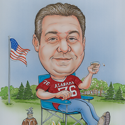 Caricature of Kevin Montgomery in a folding chair, wearing an Alabama jersey with a bottle of Blanton's and a drink in hand next to a fire.