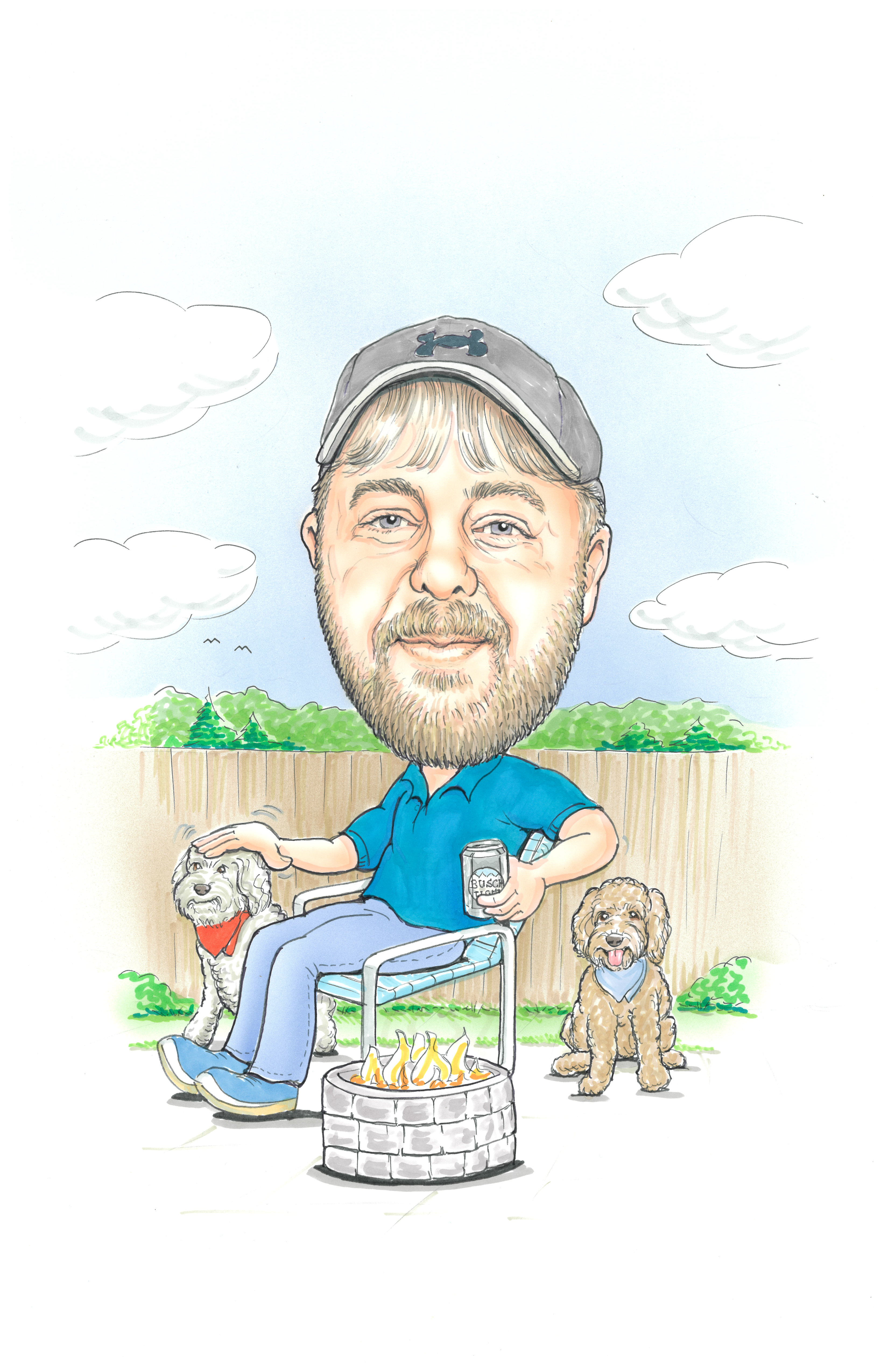 Brian Donoho relaxing by a fire pit with two dogs in a fenced backyard.