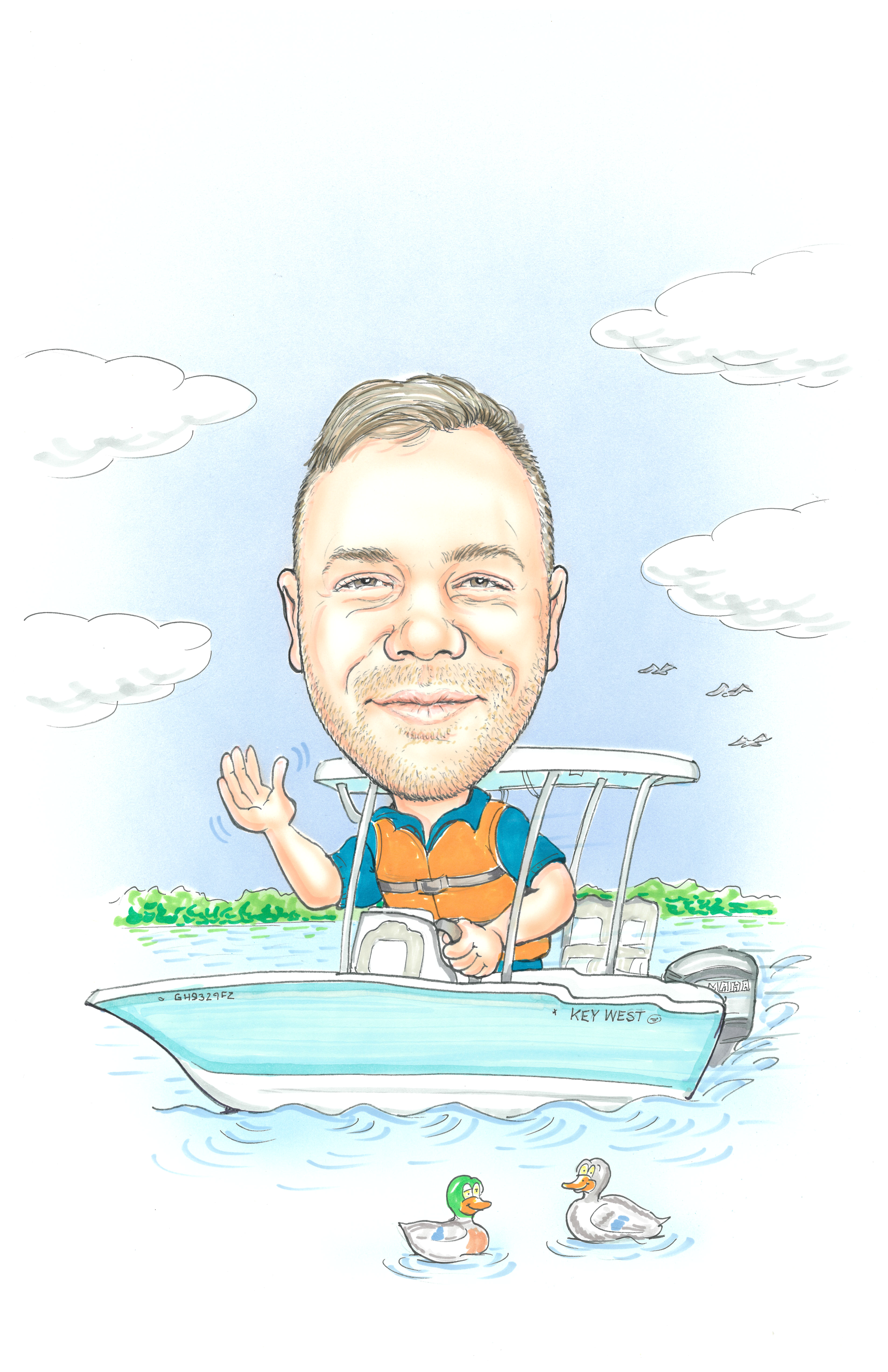 Blake Williams steering a boat on the water with birds flying overhead.