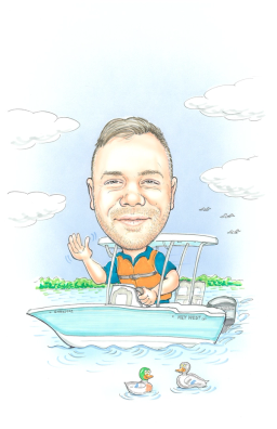 Blake Williams steering a boat on the water with birds flying overhead.