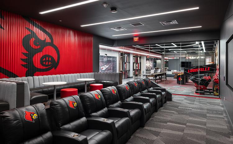 Theater and lounge seating in Denny Crum Hall.