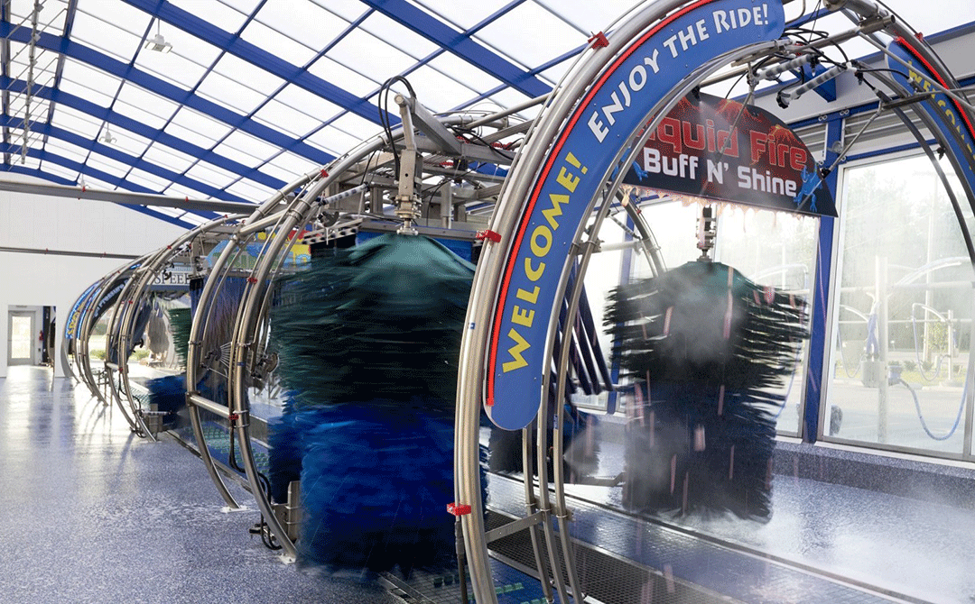 Conveyer tunnel at Blue Iguana Car Wash in Louisville, KY.