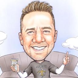 Caricature of Brian McGee outside of the New Orleans, Saints stadium, wearing a Saints jersey, with a ticket in hand.