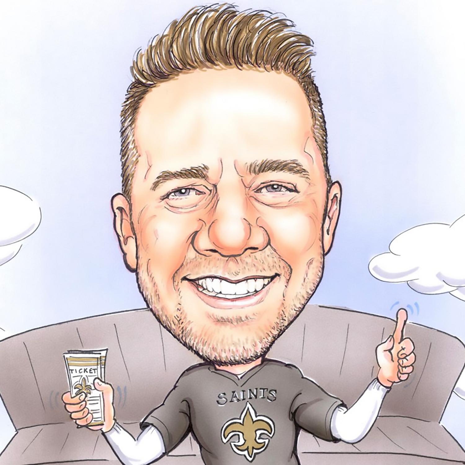 Caricature of Brian McGee outside of the New Orleans, Saints stadium, wearing a Saints jersey, with a ticket in hand.