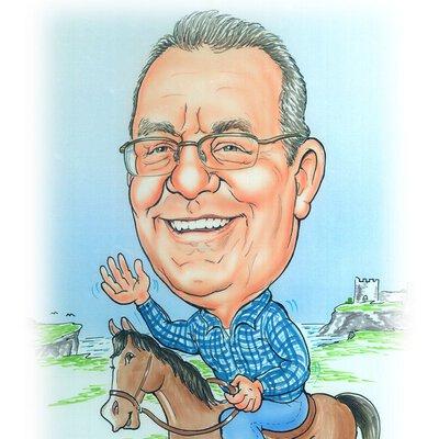 Caricature of Joe Cantrell riding a horse along a cliff's edge.