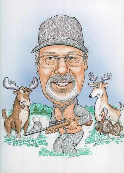 Caricature of Charlie Evans hunting, wearing camo, while a rabbit, turkey and deer surround him.