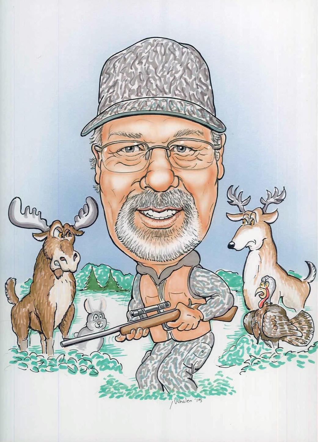 Caricature of Charlie Evans hunting, wearing camo, while a rabbit, turkey and deer surround him.
