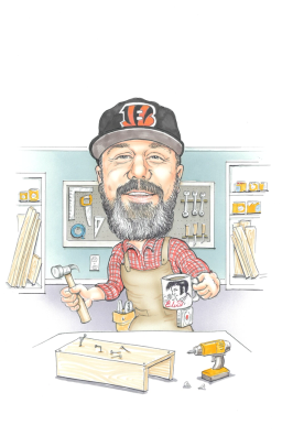 Bill McCrary wearing his classic bengals hat, in a workshop holding a hammer and coffee mug, surrounded by tools.